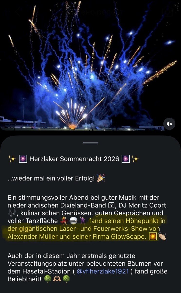 Beitrag über die Laser- und Feuerwerks-Show bei der Herzlaker Sommernacht 2026